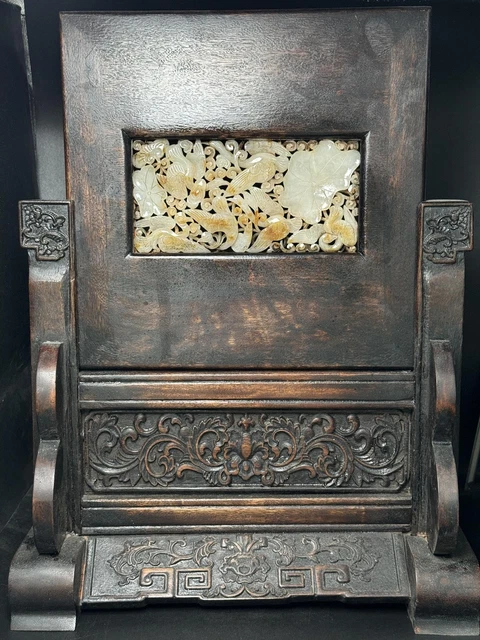 Chinese Exquisite Handmade Lotus Crane carving Inlaid Hetian Jade Wood Screen