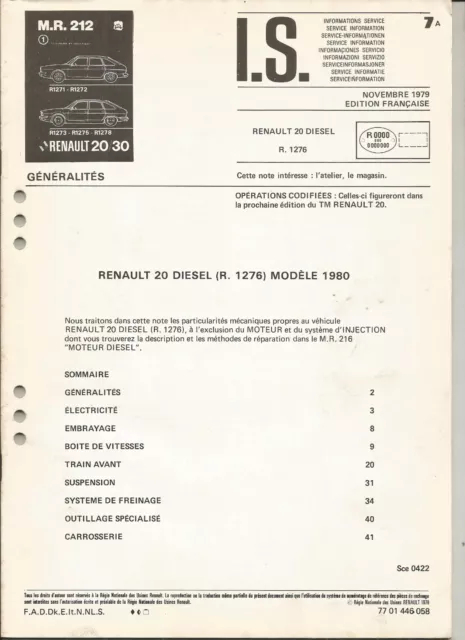 Renault - Mr 212 - R20 Diesel - R.1276 - Lot 6 Notes Informations Service