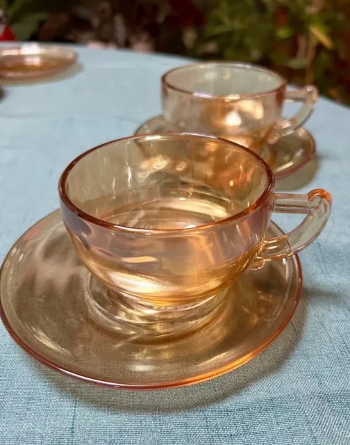 Vintage Marigold Carnival Iridescent Glass Cup & 2 Saucer Set - 4 Pieces Total