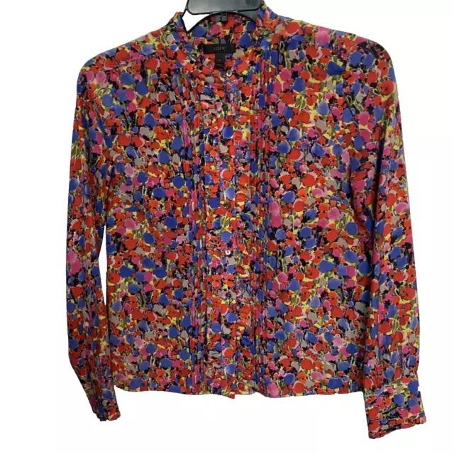 J. Crew Womans Multicolor 100% Silk Pintuck Button Long Sleeve Collar Top Size 4