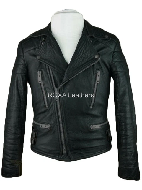 Uomo Originale Vacchetta 100% Pelle Giacca Biker Notte Club Indossare Mucca Nero