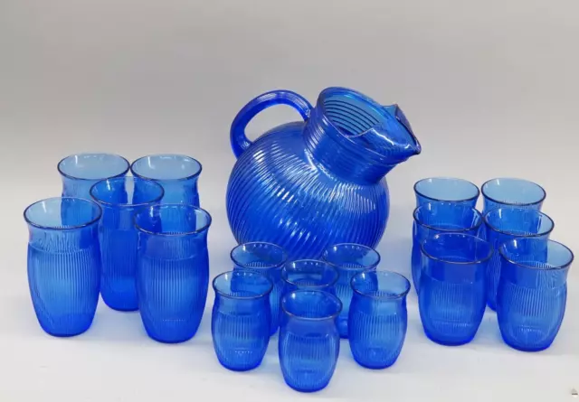 Hazel Atlas Cobalt Blue Fine Ribbed Ball Pitcher & Drinking Glasses Set 18 Pcs.