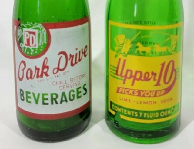 2 Vtg Bottles Park Drive Beverages & Upper 10 Beverages Picks You Up Green Glass