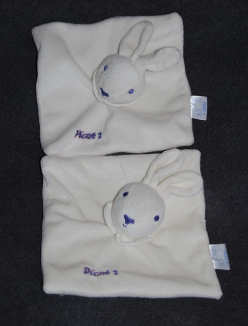 Lot 2 Doudou Plat Lapin Blanc PICOT Carré Brodé Bleu Picot 2  Etat NEUF