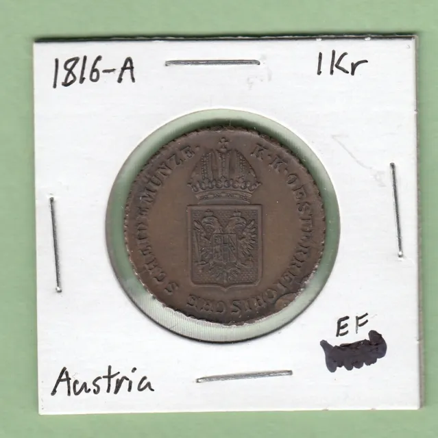 1816-A Austria 1 Kreuzer Coin - EF