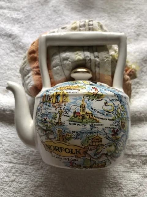 Miniature Tea Pot Pomander With the Picture Of The County Of Norfolk.