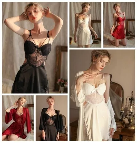 Women Sexy Silk Soft Lace Lingerie Nightie Robe Babydoll Backless Sleepwear Gift