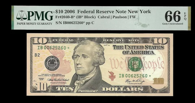United States 10 Dollars 2006 Federal Reserve Note New York PMG 66