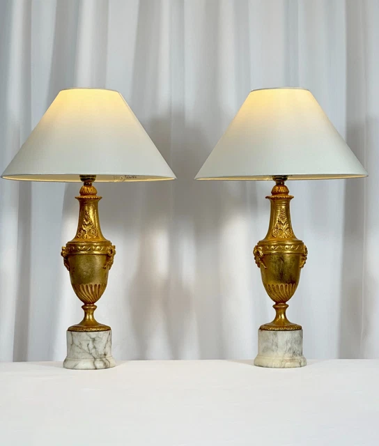 Pair of 1950s, Italian Gold Table lamps, Marble Base - Neoclassical Style