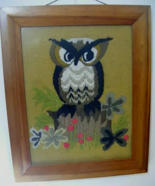 Vintage Owl Tapestry Framed Large Boho 1970's Completed Wool  21'' x 17.5''