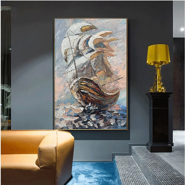 36"Huge Modern 100%Handmade Oil Painting Boat on Canvas Home office Wall Decor