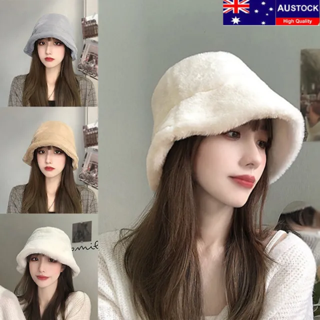 Women Winter Fluffy Plush Bucket Hat Ladies Warm Faux Fur Fisherman Cap Hat AU