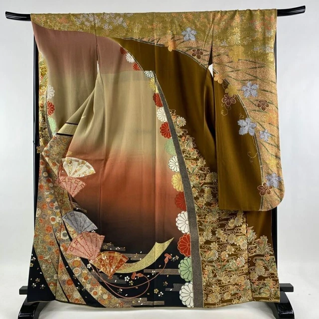 Woman Japanese Kimono Furisode Silk Himoki Fan Flower Gold Foil Somewake Ochre