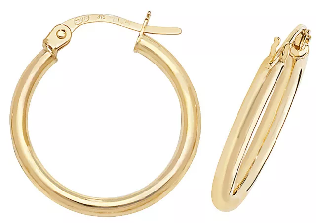 9Ct Gold Hoop Earrings Yellow 20Mm Round Plain Polished Creole Sleepers Gift Box