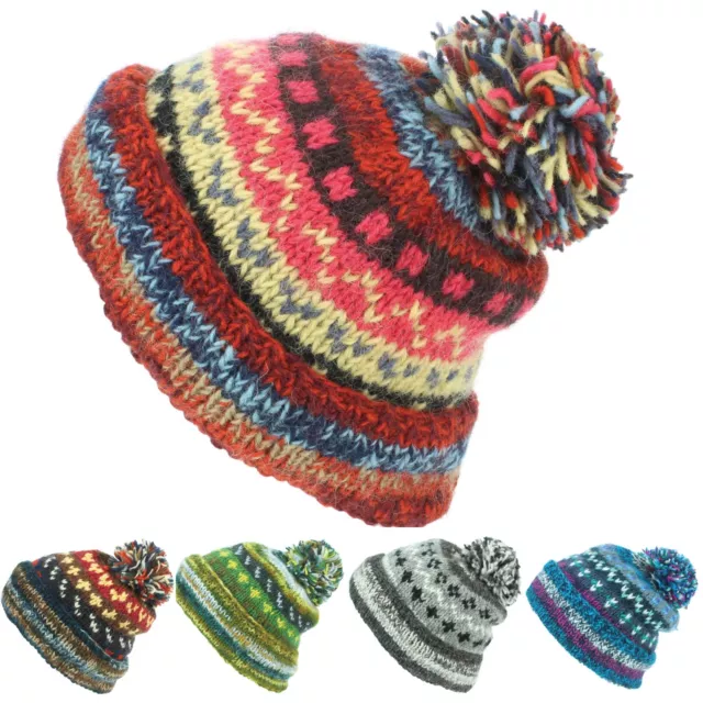 Chunky Wool Knit Beanie Bobble Hat Men Ladies Warm Winter ABSTRACT PATTERN Lined