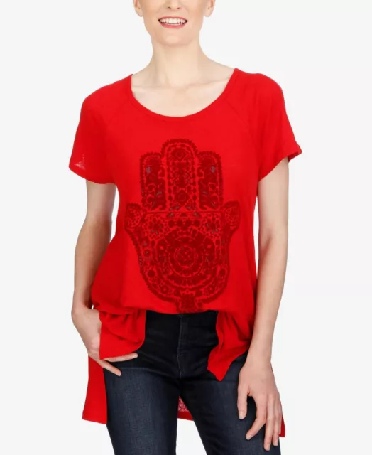 Lucky Brand Women's Hamsa Linen Graphic Print Casual T-shirt Tee Red XLarge XL