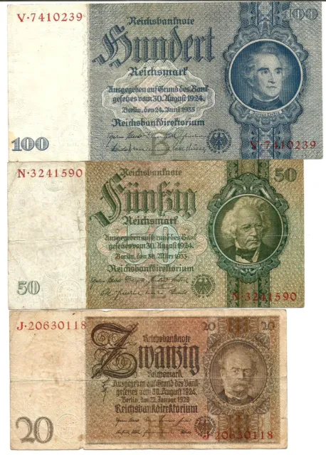 Allemagne. 3 Billets 20;50 et 100 Mark 1924. Chouette Lot.