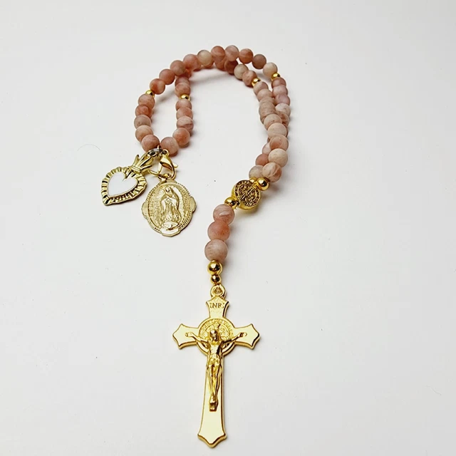 Handmade Matte Peach Catholic Rosary With St Benedict Medal Sacred Heart Miracul