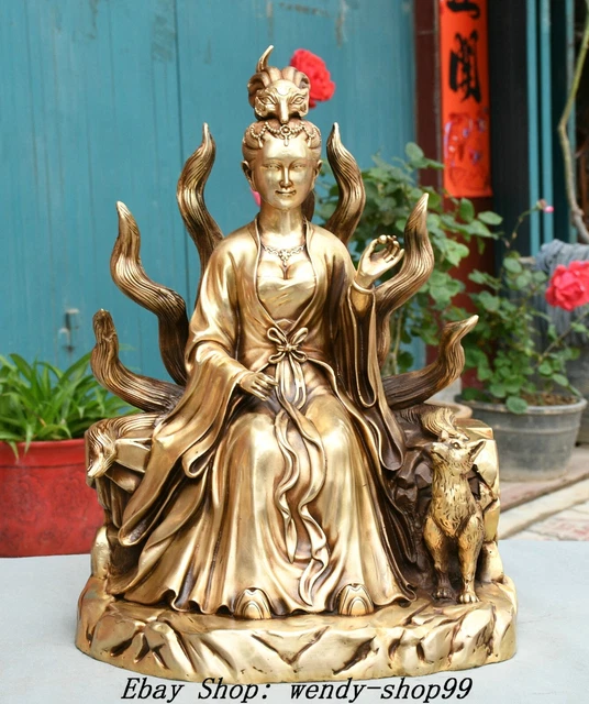 17" Old Chinese Copper Nine-Tailed Fox Beauty Fairy Goddess Wealth Coin Statue