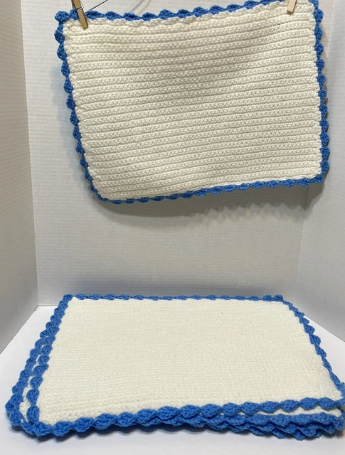 Vintage Lot of 6 Handmade Crocheted Table Placemats White Blue Trim 17 x 12