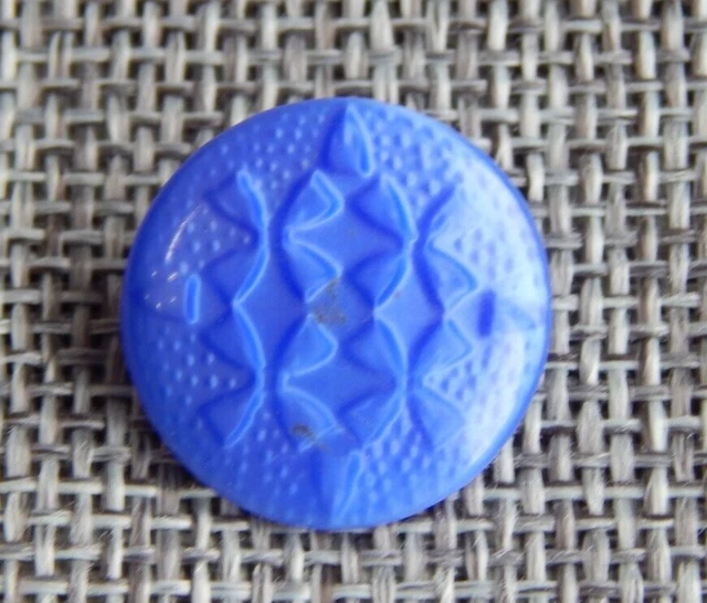 Antique Vtg Blue Glass Dug Button Design Under Glass "Dig"~Aprx: 11/16"~#904-C