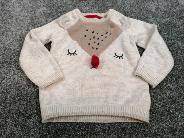 Baby Girl F&F Christmas Theme Rudolph Cream Cotton Jumper Age 12-18 Month