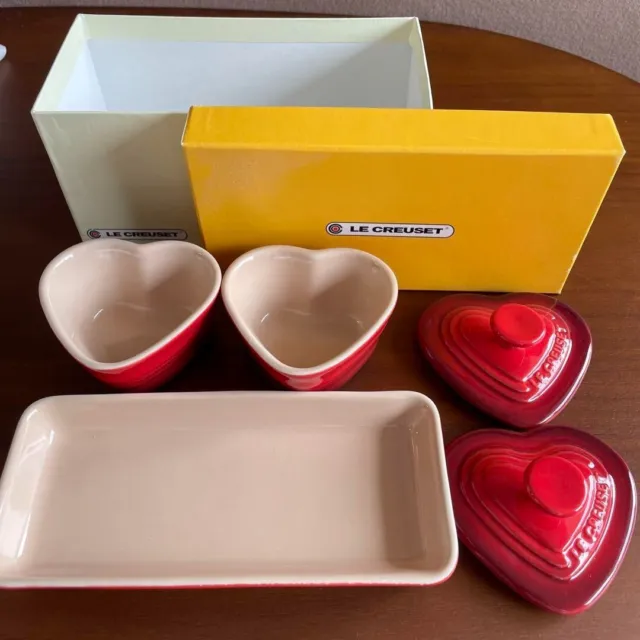 Auth Le Creuset Petite Ramekin Heart-Shaped Cocotte Set Cherry Red From JP NEW