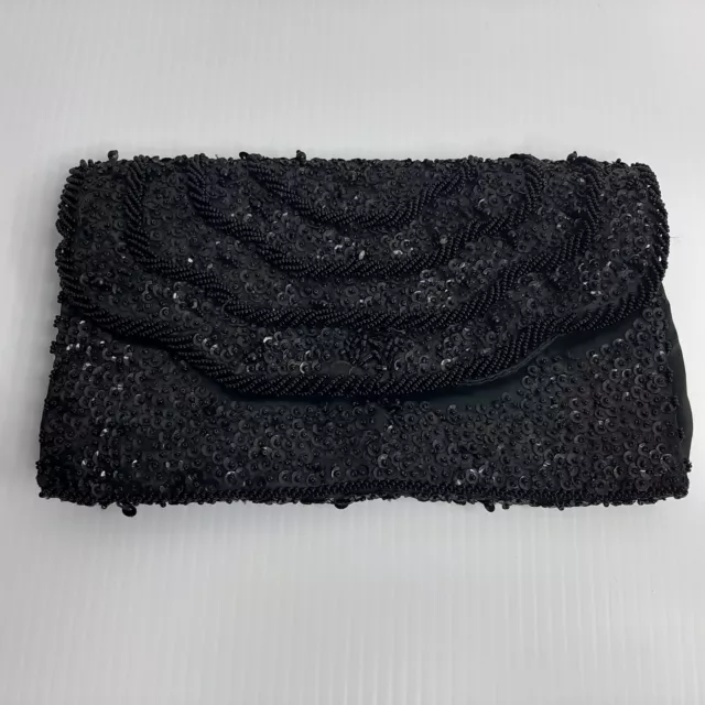 Vintage Beaded Sequin Clutch Black Handbag Made in Hong Kong 1950's