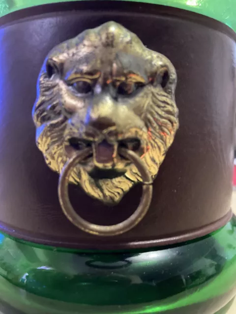 Vintage Lion Head Decanter With  Leather Strap & Nip Shot Pourer Green