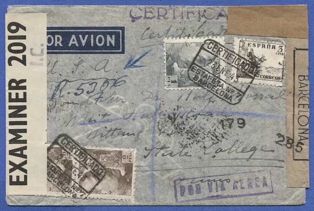 1943 BERMUDA + Spain dual Censored Registered cover,  Barcelona to USA
