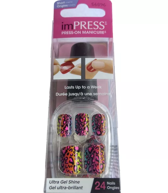 NEW Kiss Nails Impress Press On Manicure Short Gel Pink Black Blue Leopard Print