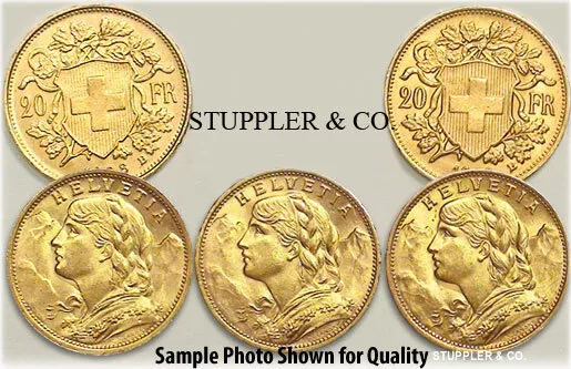 Lot of 5 Pre-1933 Swiss HELVETIA 20 Franc Gold Coins BU Brilliant Uncirculated Lot of 5 Pre-1933 Swiss HELVETIA 20 Franc Gold Coins BU Brilliant Uncirculated