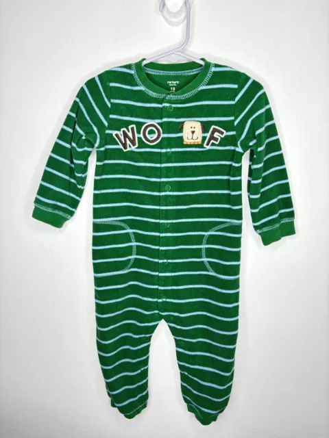 Carters Fleece Striped Coverall Footie Baby Boys Size 18 Months Green Dog