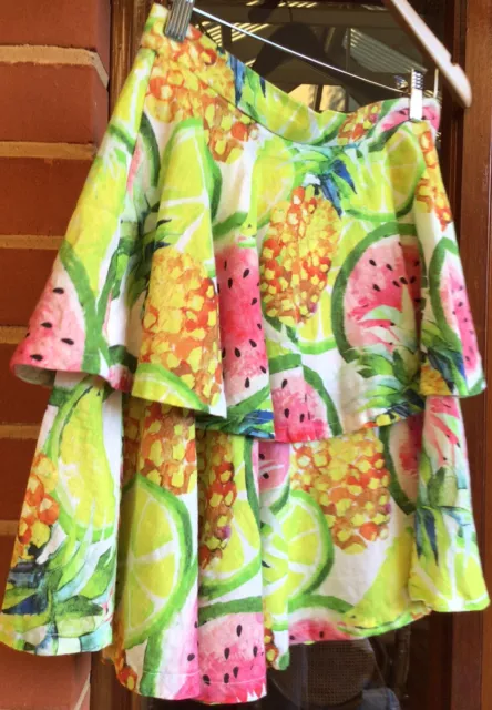 Hand Made multi fruit salad watermelon print gormanesque layered skirt linen 10 2