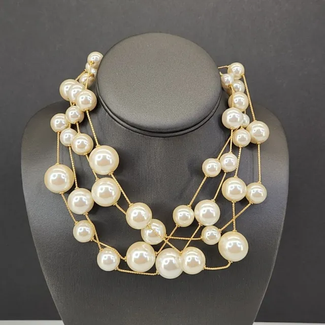 Anne Klein Necklace Station Faux Pearl Gold Tone Chain Layered Chunky  17"