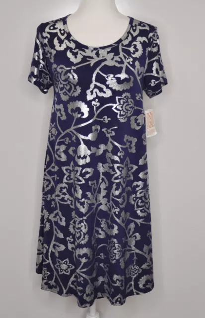 Lularoe Elegant Carly Dress Women's XS Navy Blue with Metallic Foil Silver New