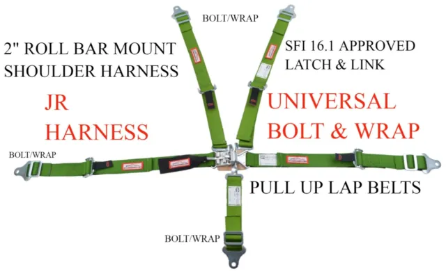 Quarter Midget Harness Sfi 16.1 5 Point Latch & Link Belt Bar Mount Lime Green