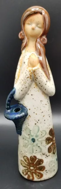 Ceramic Lady & Basket Figurine 8" Speckled Glaze Girl Woman Flowers Vintage