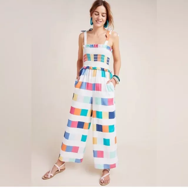 NEW Anthropologie Corey Lynn Calter Smocked Jumpsuit ‘Nikki’ Rainbow Sz M $225