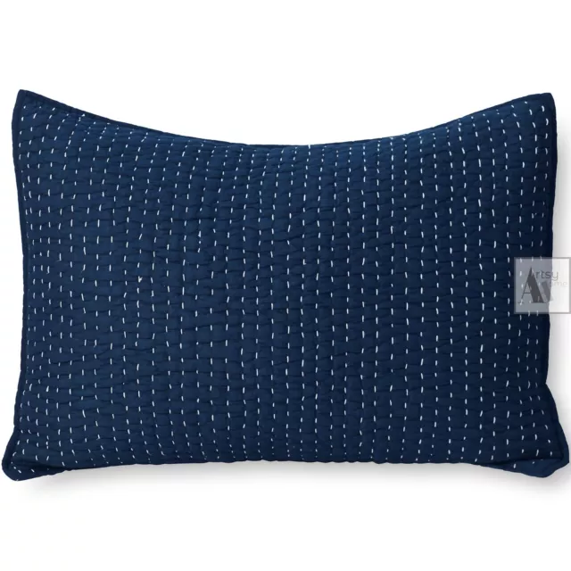 Solid Indigo Blue Kantha Pillow Sham, Cotton Kantha Cushion Cover Euro Shams 3