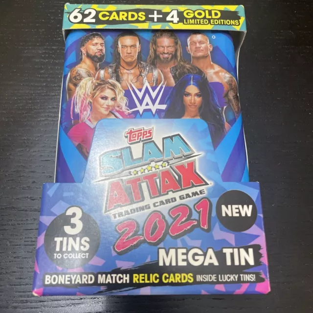 2021 WWE Topps Slam Attax Mega Tin Nuove 62 carte + 4 edizioni limitate oro