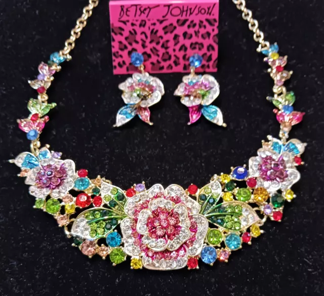 RAINBOW Flower BOUQUET Floral Rhinestone Betsey Johnson Necklace Earrings Set