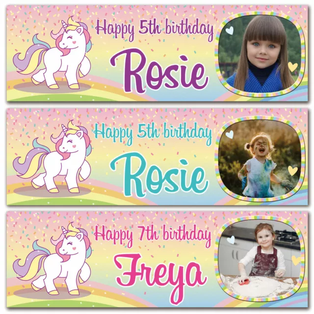 2 Personalised Birthday Banner Photo Unicorn Rainbow Children Girls Party Poster