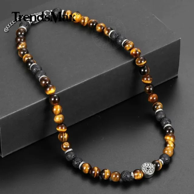 8mm Natural Tiger's Eye Jasper Lava Beads Choker Necklace Men Women Gift 18inch