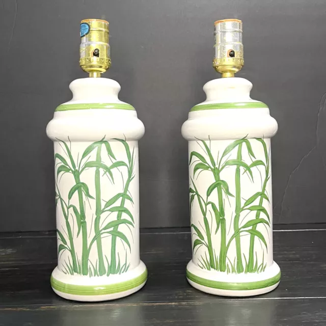 Pair of  VTG Porcelain Lamp Hand Painted Bamboo Mid-Century Contemporary 10”