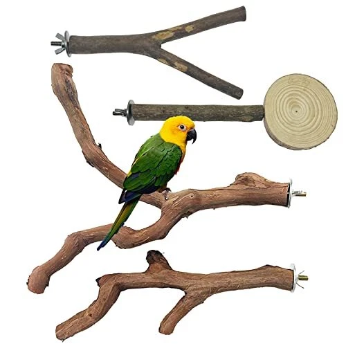 4 PCS Natural Wood Bird Perch Stand, Bird Parrot Perch Stand Set, Wooden