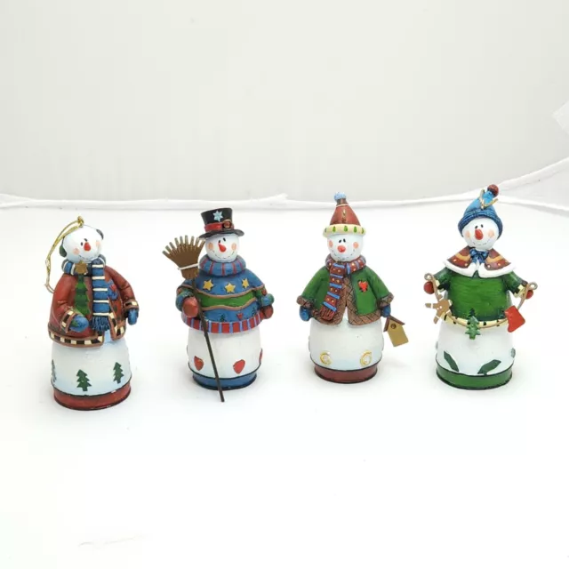 Vintage Snowman Ornaments Set of 4 Handcrafted Polyresin Metal Original Box