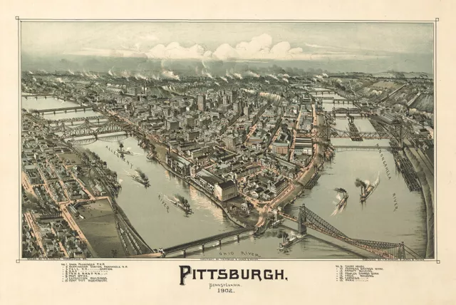 1902 Panoramic Map of Pittsburgh Pennsylvania Historic View