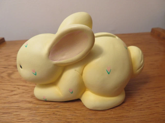 Yellow Bunny Rabbit Coin Bank, Flowers, Small, 5-1/2" Length, Resin ?