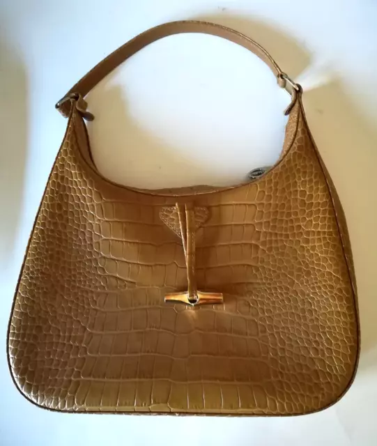 Longchamp Roseau Embossed Crocodile Caramel/Tan Leather Shoulder  Handbag